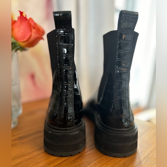 Loeffler Randall Black Croc-Embossed Combat Boots - Picture 6 of 10